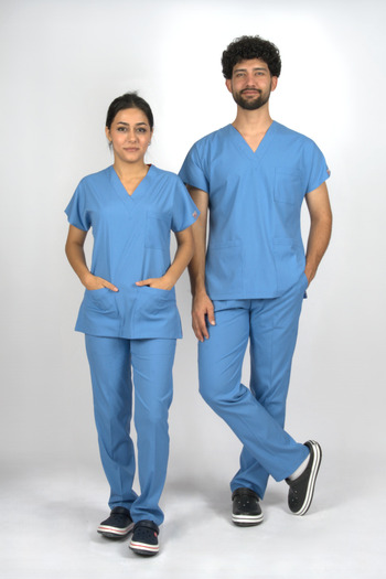 SEZA TEKSTİL Set de uniforme pentru medic și asistentă, unisex, albastru mare Premium Flex