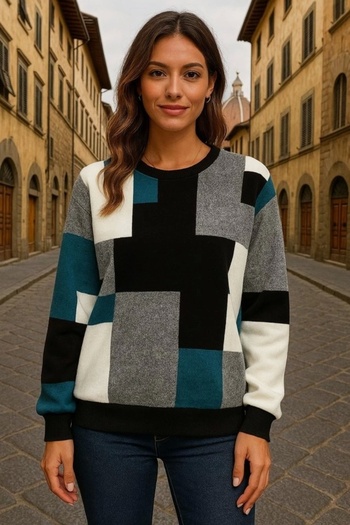 Modayakamoz Women's Long Sleeve Crew Neck Color Block Print Diver Blouse