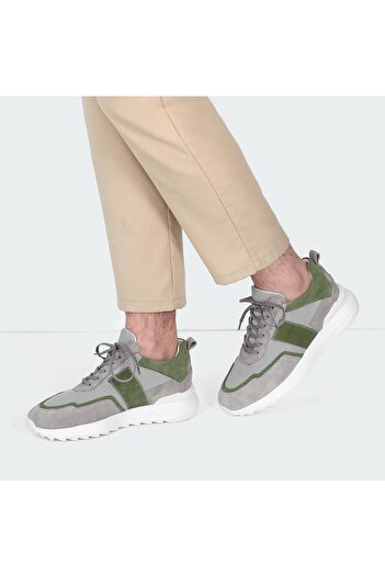 Celal Gültekin Men's Gray Lace-Up Thick Sole Suede Leather Sneakers