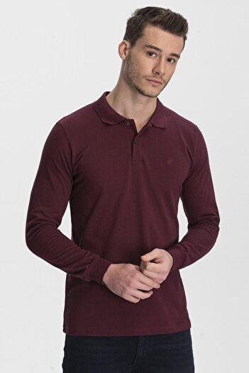 hateko Men's Claret Red Long Sleeve Polo Neck Tshirt