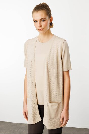 Desen Triko Women's Beige Long Knitwear Vest with Square Braid