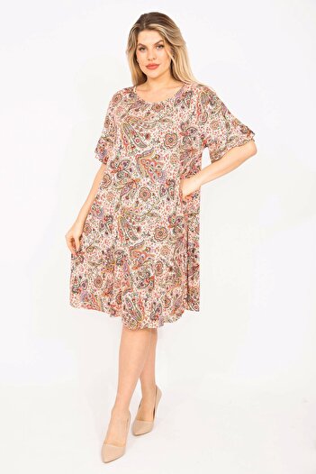 Şans Women's Large Size Colorful Dress with Tiered Hem and Flounced Sleeves 65n35326