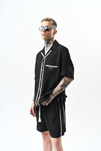Respire Men's Oversize Linen Set - Embroidered Black Shorts and Shirt