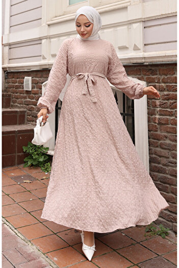 sefamerve 2020-01 Mink Seersucker Fabric Sleeve Elastic Belted Dress