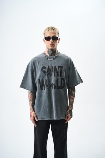 Respire Men's Gray Oversize T-Shirt Star Printed Washable