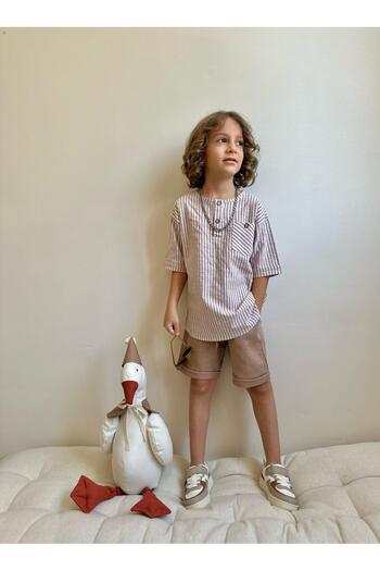 YİGİT BUTİK Yigit Butik Seersucker Fabric Mandarin Collar Boy Shorts Suit