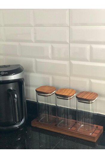 AR&MA WOOD Set of 3 300 ml Wooden Lid Spice Rack with Wooden Stand Bathroom Organizer Acrylic Storage Container