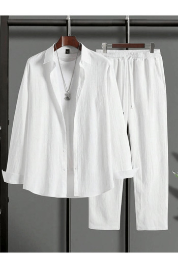 Baycombine35 Women's Men's Summer Linen Crinkle Fabric Long Sleeve Shirt 2 Piece Wrap Set