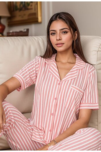 Loule Kadın Ev Giyim Kısa Kollu Regular Pembe Çizgili Pijama Takımı A1.L01.IS.00.SA004