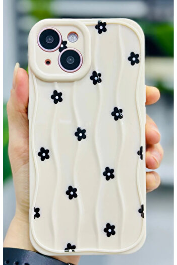 Go Aksesuar 3D Wavy Black Daisy Print Patterned Silicone Case Compatible with iPhone 13 and 14