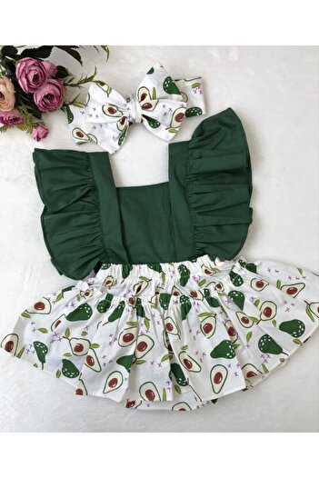 ŞAPKAKİDS Green Avocado Patterned Baby Girl Ruffle Salopet and Bandana Set