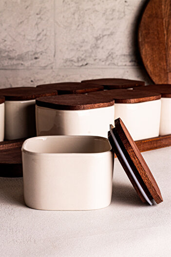 Snippy Luma White - Wooden Vacuum Lid Ceramic Breakfast Bowl Snack Bowl with 10 Piece Tray 300 ml