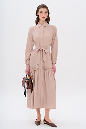Olcay Long Dress with Gathered Skirt and Belted Waist Kum 9766-E