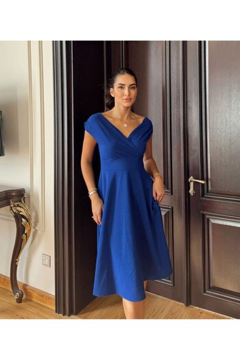JANES Rochie de damă cu mânecă scurtă, cu guler dublu, cu volan, din crepon