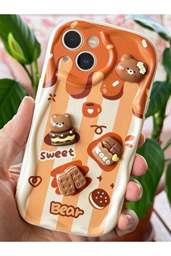 Fibaks iPhone 14 Compatible Case Designed Patterned Camera Protected Teddy Bear Biscuit Color Cofffe Silicone Cover