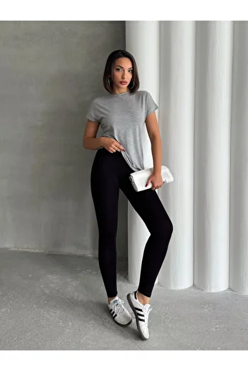 Look Forward Women's Black Gray Viscose Waist Elastic Leggings T-Shirt Suit