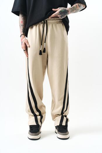 Respire Men's Oblique Stripe Detailed Interlock Baggy Sweatpants Beige