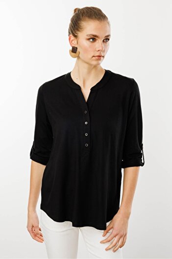 Desen Triko Women's Black Open Collar Buttoned Blouse
