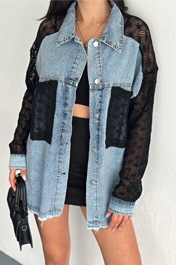 FEMELLE Women's Black Standard Denim Jeans, Oversize Cardigan and Double Pockets with Lace Detail