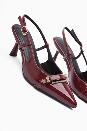 Limoya Mina Burgundy Patent Leather Buckle Pointed Toe Heeled Women's Sandals