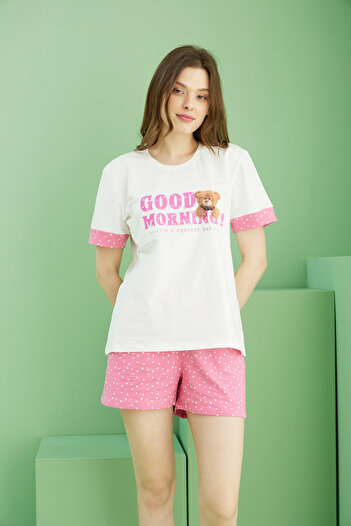 Siyah İnci Ecru Patterned Cotton Crew Neck Knitted Shorts Set 25115040