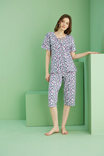 Siyah İnci Multicolored Crew Neck Lace Detailed Knitted Cotton Capri Suit 25112200