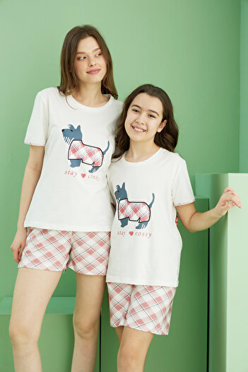 Siyah İnci Ecru Patterned Cotton Crew Neck Knitted Shorts Set 25115044