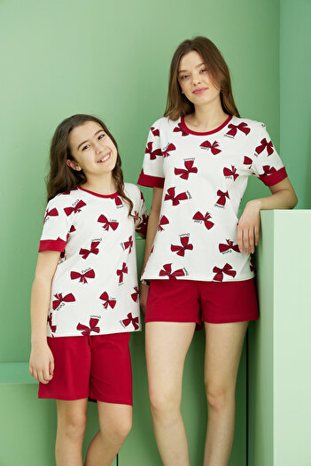 Siyah İnci Ecru Patterned Cotton Crew Neck Knitted Shorts Set 25115030