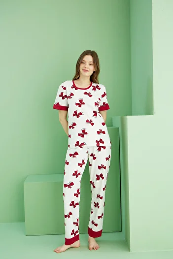 Siyah İnci Ecru Patterned Cotton Crew Neck Knitted Pajama Set 25117067