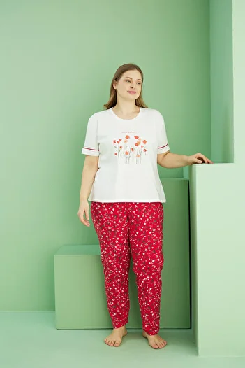 Siyah İnci Ecru Patterned Curve Plus Size Oversize Cotton Pajama Set 25113777