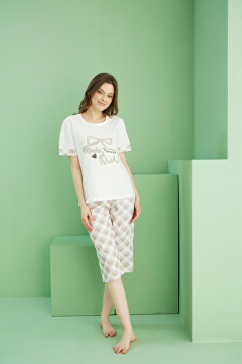 Siyah İnci Ecru Patterned Crew Neck Knitted Cotton Capri Suit 25112202