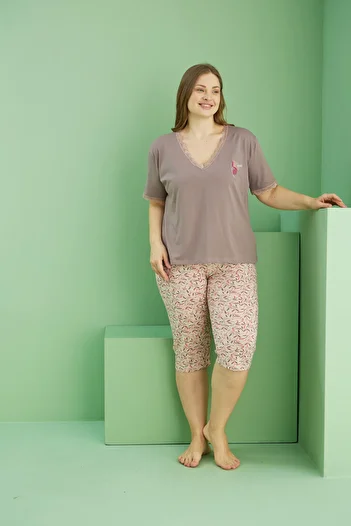 Siyah İnci Mink Patterned Curve Large Size Oversize Cotton Capri Suit 25112744