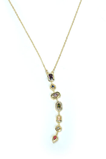 ÖZÜM TAKI Women's Steel Multicolor Y Necklace Silver Color