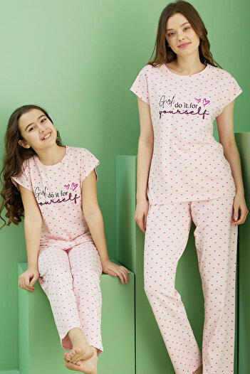 Siyah İnci Pink Patterned Cotton Crew Neck Knitted Pajama Set 25117081