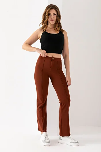 EtkiModa Women's Mokka Front Stripe Detailed Flared Crepe Trousers