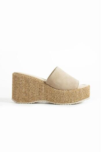 BeBeQ Store Stella Beige Suede Khaki Leather Filling Sole Sabo Women's Slippers