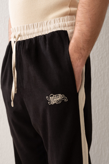GIESTO Black Linen Pants with Stripes