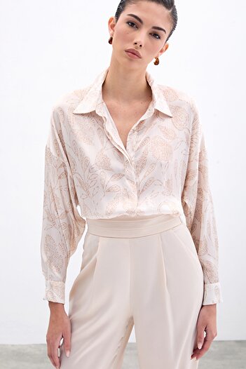 Sateen Patterned Satin Shirt - Beige