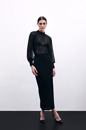 Sateen Stone Embroidered Chiffon Blouse Black