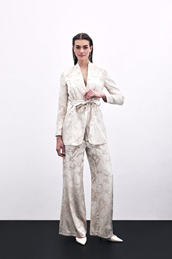 Sateen Colorful Jacquard Trousers - Beige