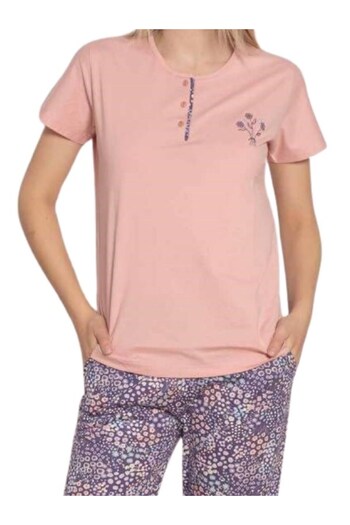 ALİMER Women's Flower Pattern Crew Neck 3 Buttons Short Sleeve Pocket Pajama Set