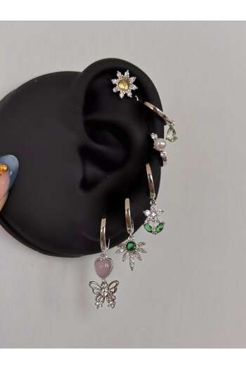 h&b design jewel Steel Silver Floral 6 Piece Earring Set