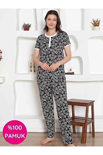 bie's Women's Flower Pattern Crew Neck 3 Button 100% Cotton Combed Thin Summer Short Sleeve Pajama Set