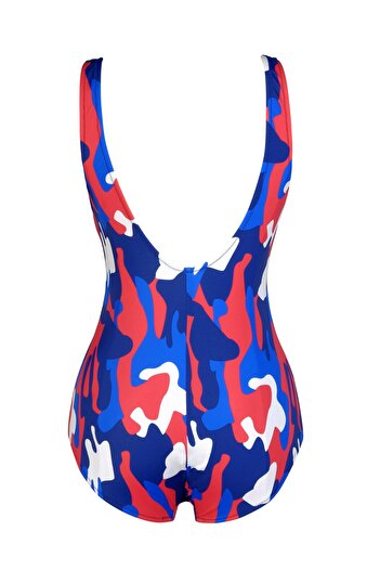 Endeep Beria Women's Large Size Red Blue Patterned Gathering Swimsuit