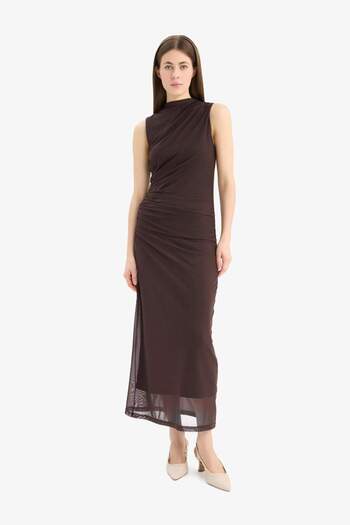 DeFacto Bodycon Body-Hugging Half Turtleneck Basic Plain Tulle Sleeveless Maxi Evening Dress C3519Ax25Sp
