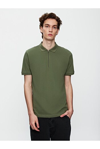 Ltb Polo Neck Zippered Short Sleeve Regular Green T-Shirt