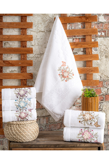 Hazangülü Buldan Üretim Dowry Embroidered Alya Velvet 6-Piece Hand/Face Towel I 50X90