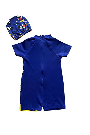 Şekerkids Boy's Navy Blue Bonnet and Hidden Zipper Jumpsuit Swimsuit
