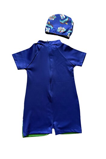 Şekerkids Boy's Navy Blue Bonnet and Hidden Zipper Jumpsuit Swimsuit