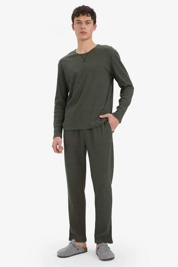 DeFacto Ribbed Camisole Pajamas Set Long Sleeve Long Sleeve Low Rise F0055Ax25Sm